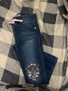 Girls' Dark Wash Embroidered Heart Jeans with Pink Drawstring